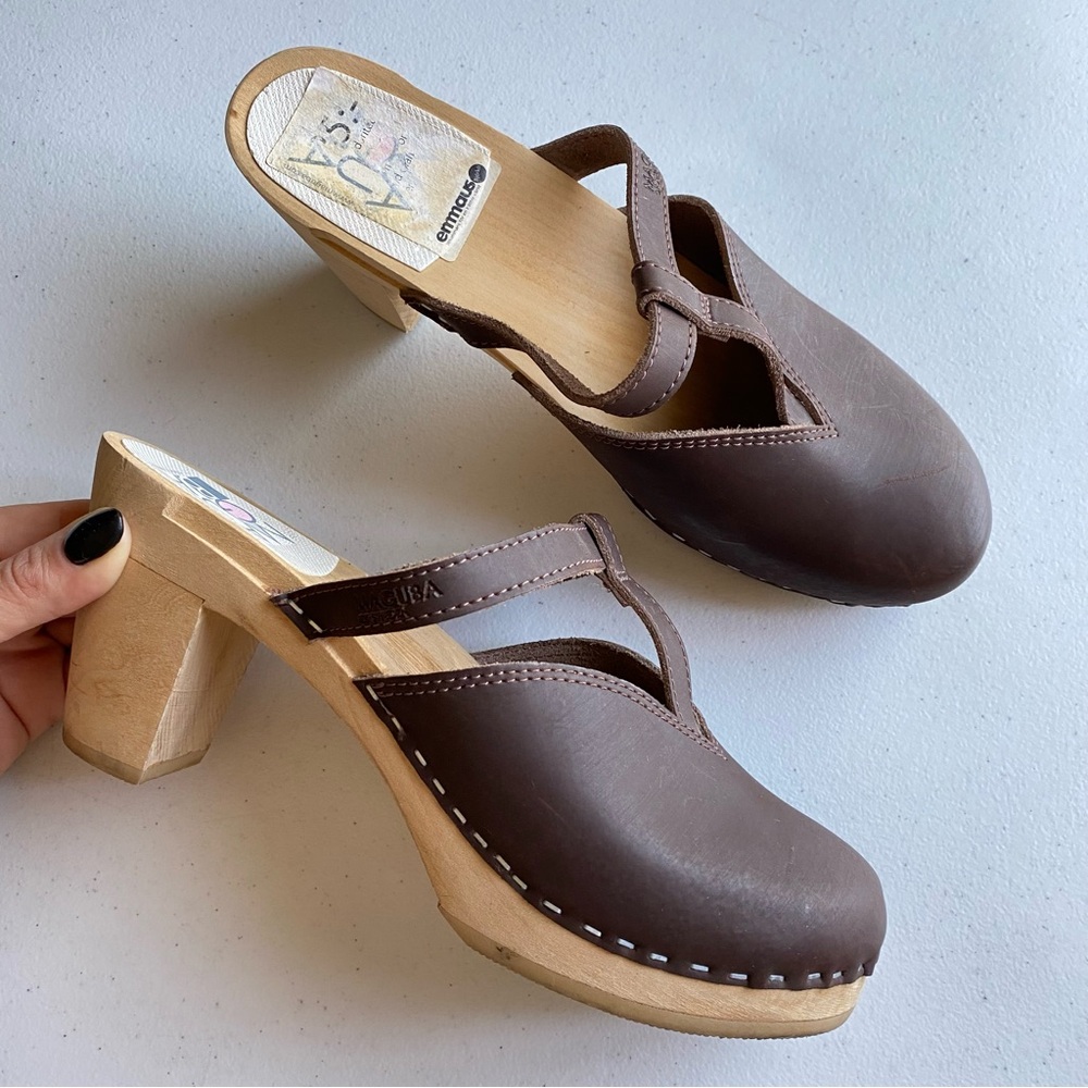Maguba Size 10 Brown Leather Rounded Toe Wooden Platform Slip-on Block Heel